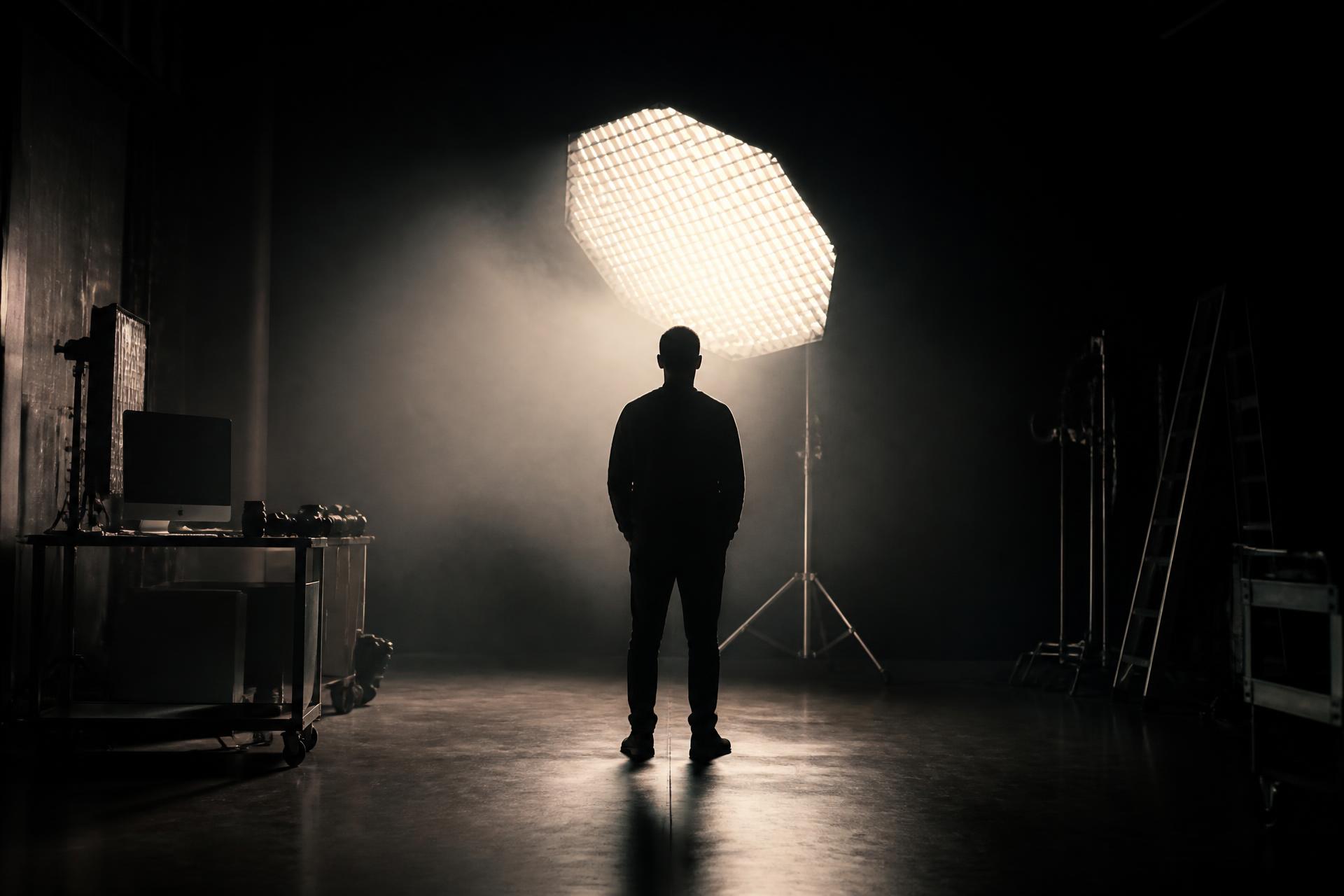 Photographer silhouetted against a studio softbox